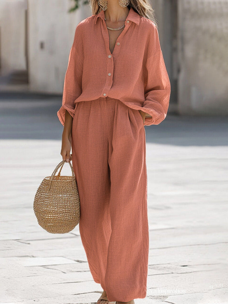 Damen Zweiteiliges Set: Langarm Button-Up Oberteil und Weitbein-Hosen