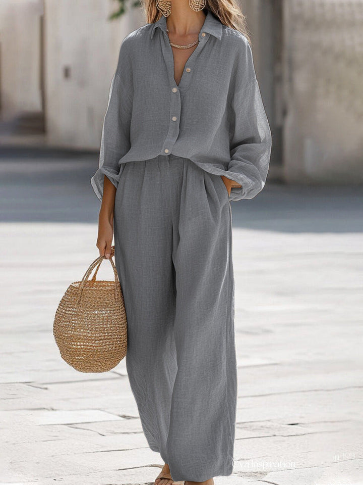 Damen Zweiteiliges Set: Langarm Button-Up Oberteil und Weitbein-Hosen