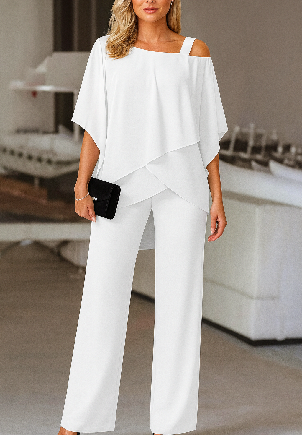 Elegantes Damen-Set mit schulterfreiem Oberteil und weiter Hose