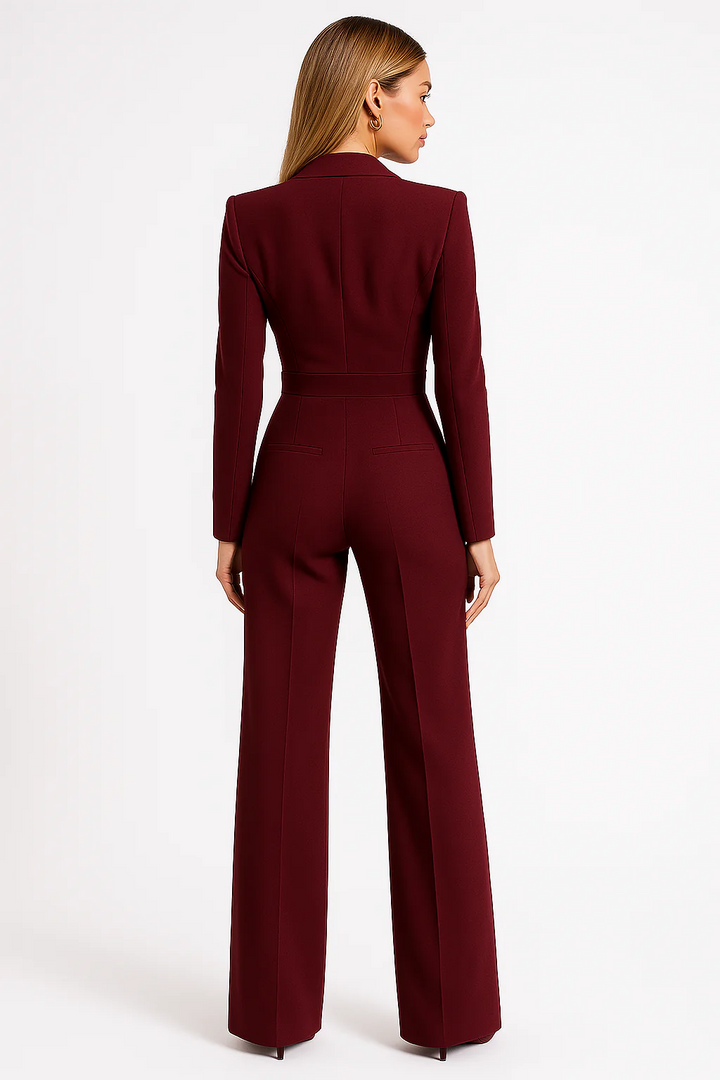Eleganter Damen-Jumpsuit mit V-Ausschnitt, tailliert, langen Ärmeln und weitem Bein