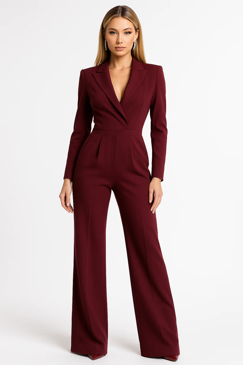 Eleganter Damen-Jumpsuit mit V-Ausschnitt, tailliert, langen Ärmeln und weitem Bein