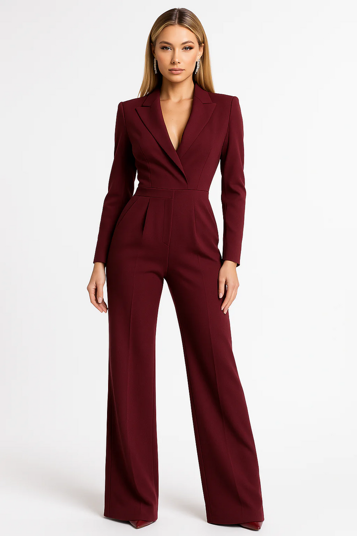 Eleganter Damen-Jumpsuit mit V-Ausschnitt, tailliert, langen Ärmeln und weitem Bein