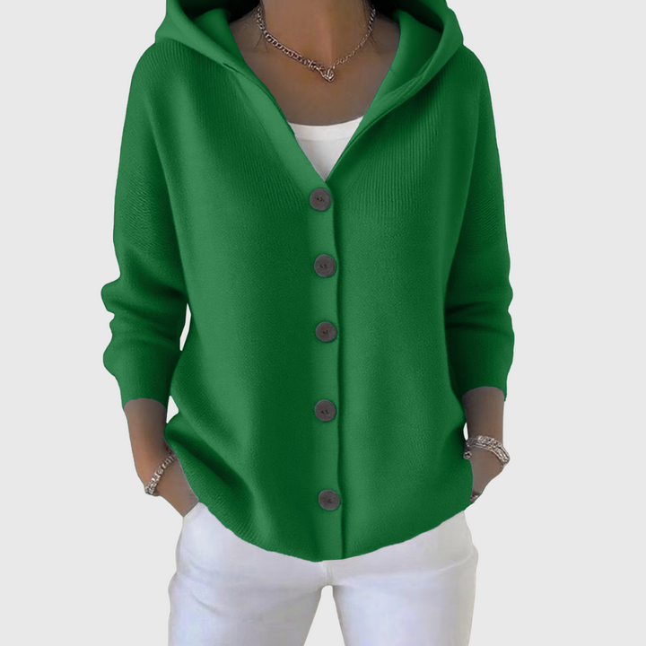 Albina | Damen Kapuzen-Strickjacke mit Knopfverschluss