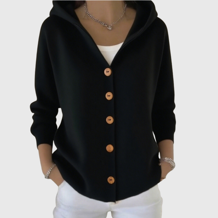 Albina | Damen Kapuzen-Strickjacke mit Knopfverschluss