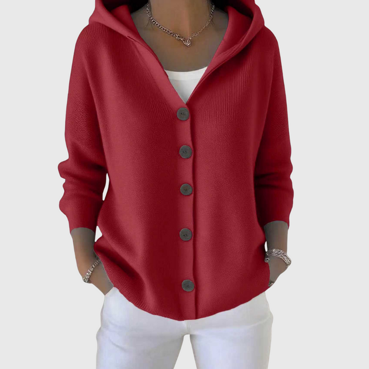 Albina | Damen Kapuzen-Strickjacke mit Knopfverschluss