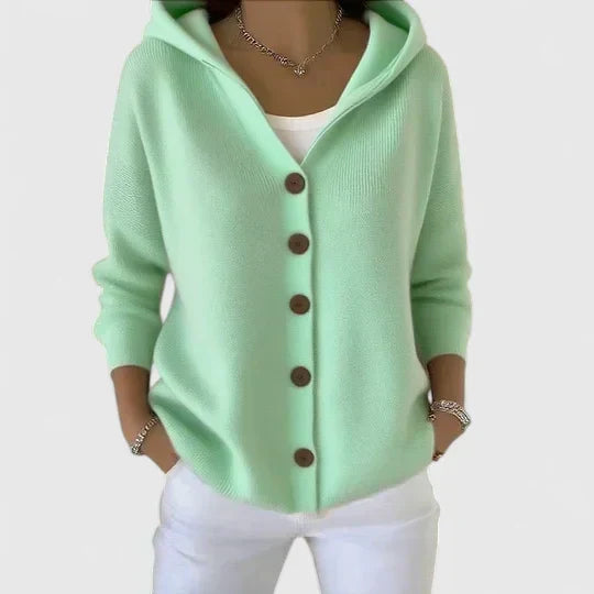 Albina | Damen Kapuzen-Strickjacke mit Knopfverschluss