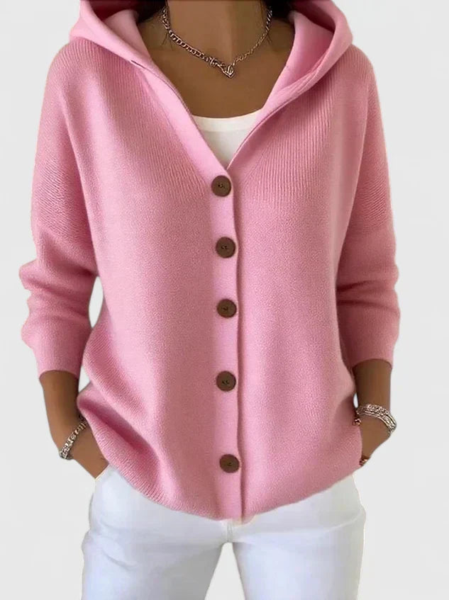 Albina | Damen Kapuzen-Strickjacke mit Knopfverschluss
