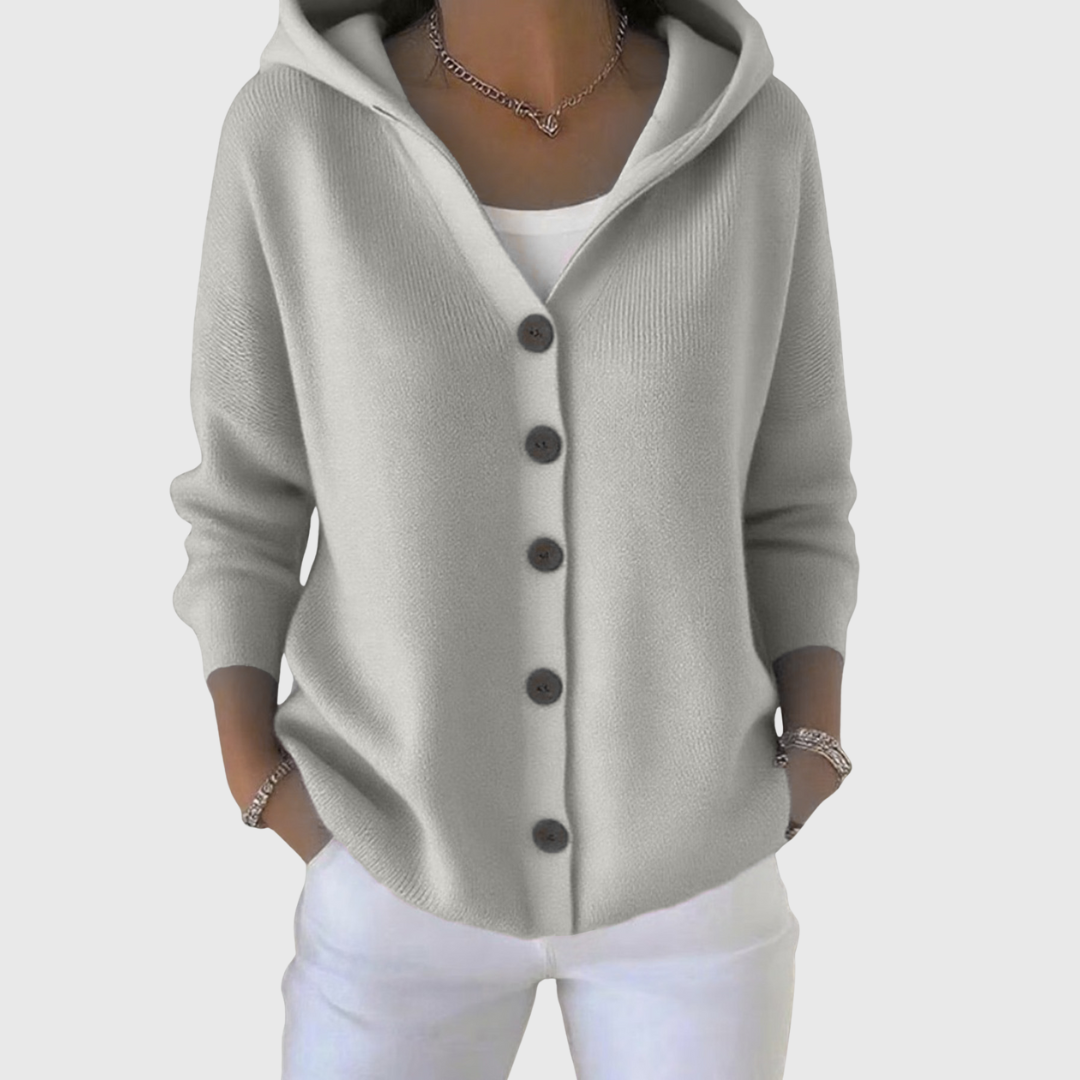Albina | Damen Kapuzen-Strickjacke mit Knopfverschluss