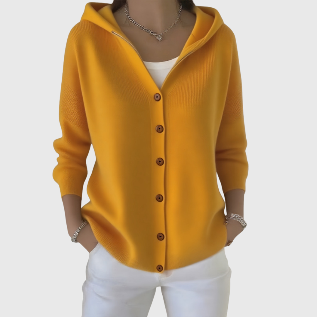Albina | Damen Kapuzen-Strickjacke mit Knopfverschluss