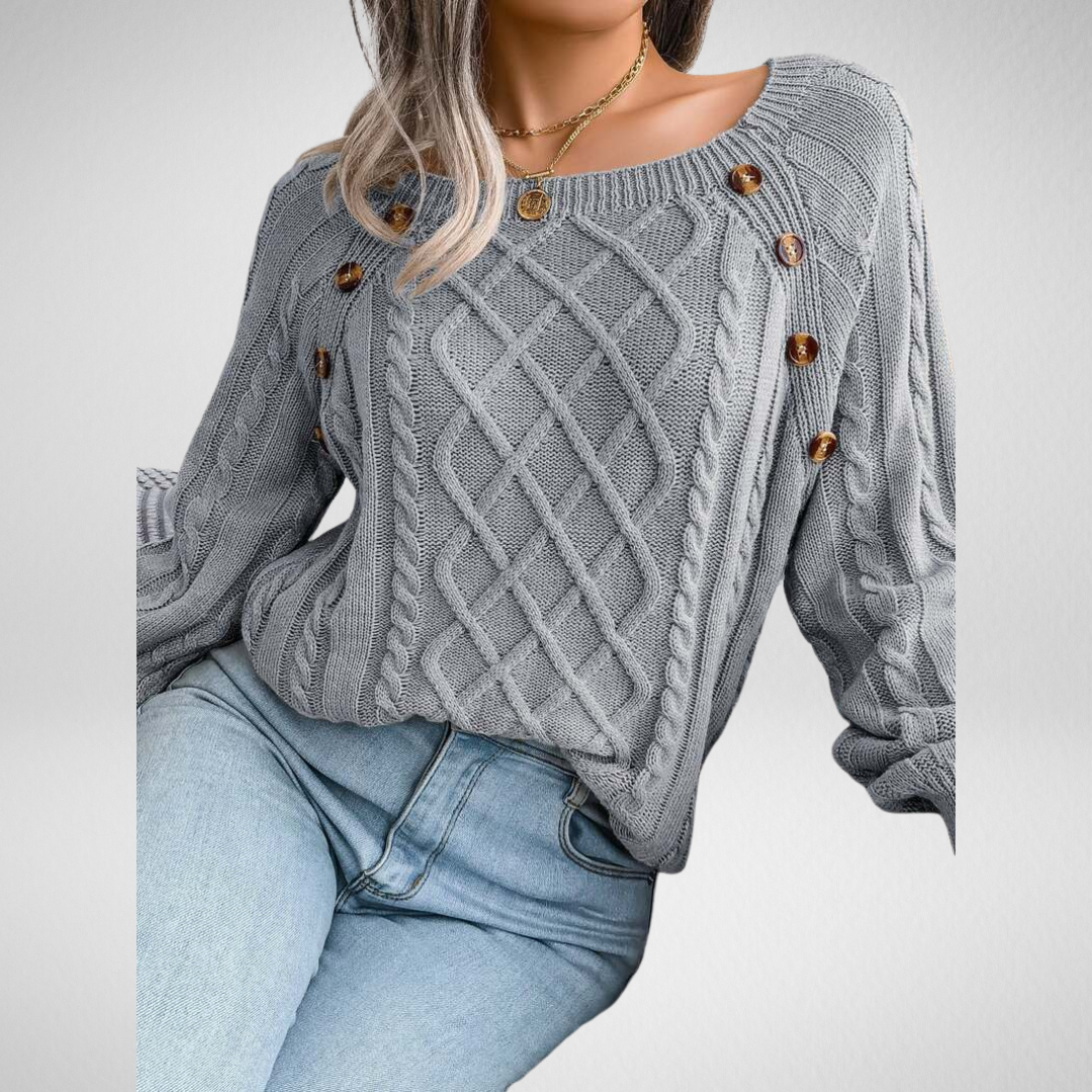 Aldwina | Damen Strickpullover mit Zopfmuster und Knöpfen