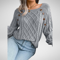 Aldwina | Damen Strickpullover mit Zopfmuster und Knöpfen