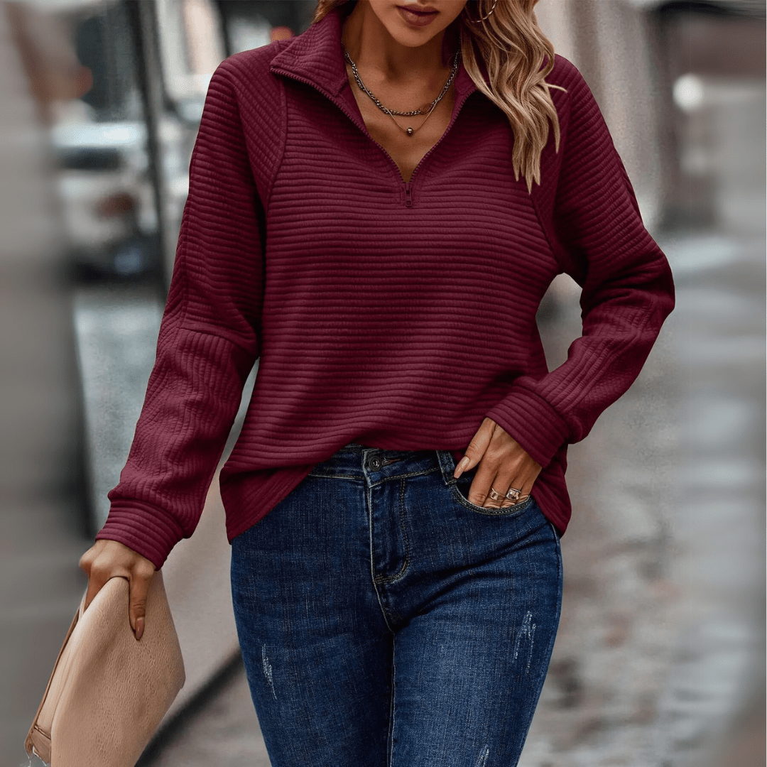 Almeke | Damen Rippstrickpullover mit Reißverschluss