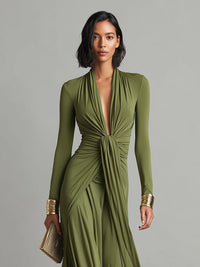 Oliv - Seide Maxi Kleid V-Ausschnitt
