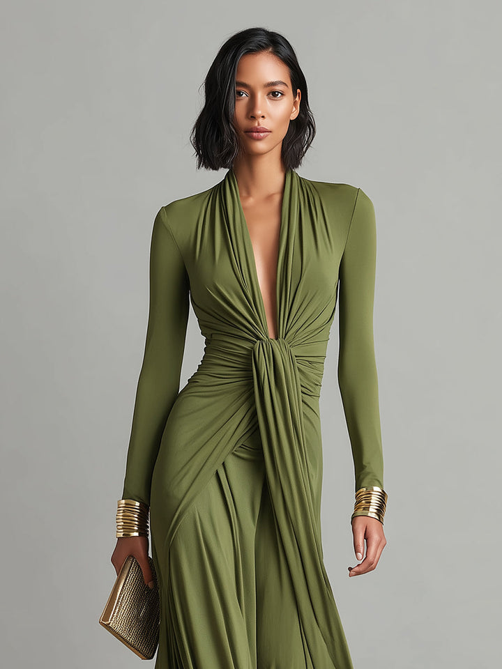 Oliv - Seide Maxi Kleid V-Ausschnitt
