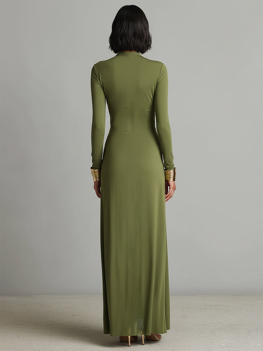 Oliv - Seide Maxi Kleid V-Ausschnitt