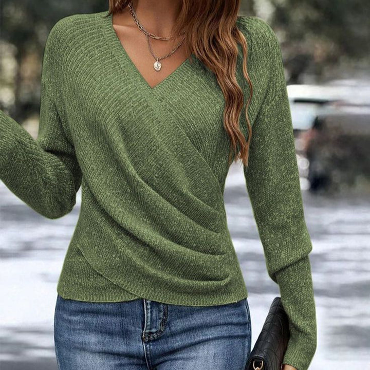 Nora | Damen V-Ausschnitt Pullover mit Wickeloptik und langen Ärmeln