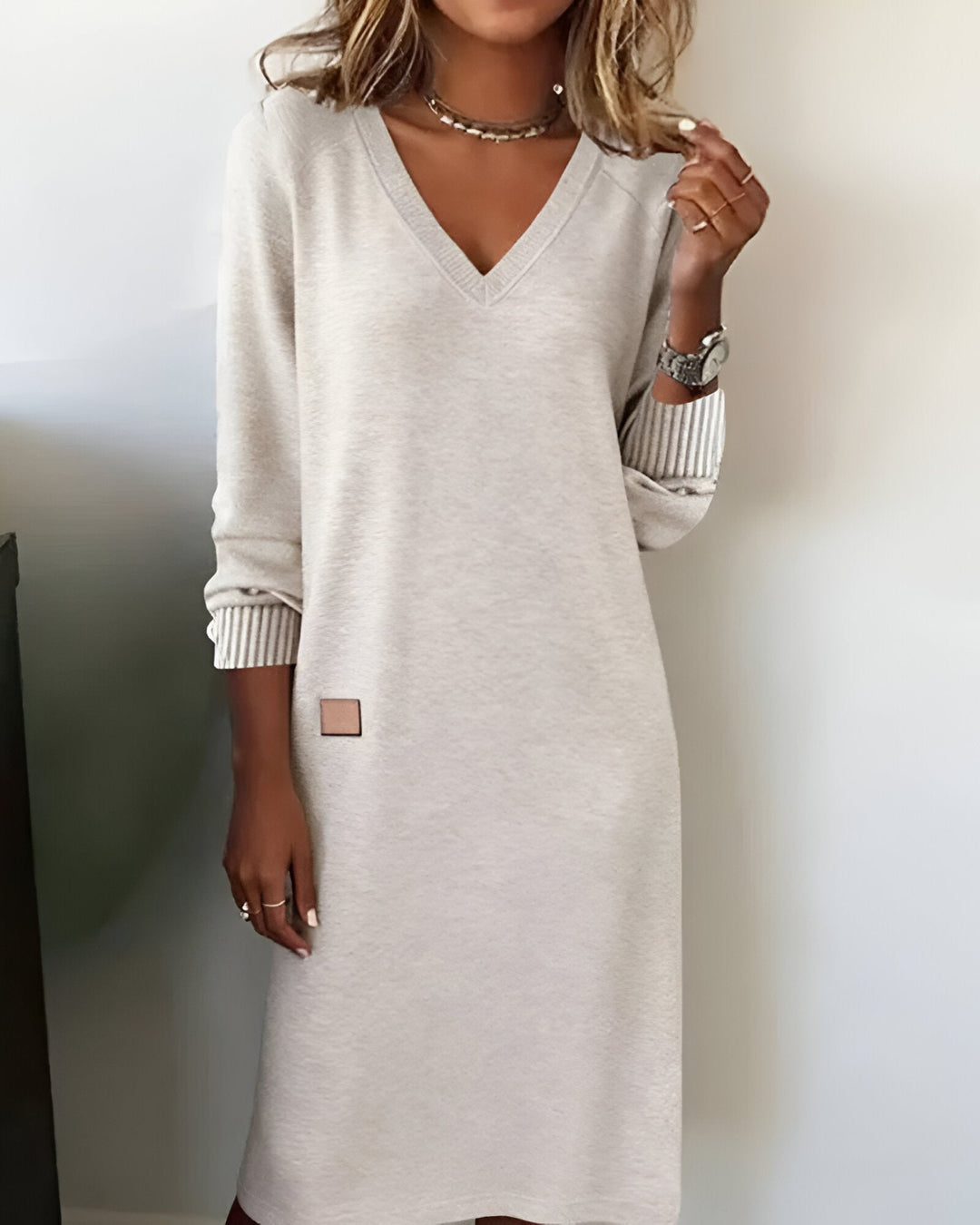 Edilke | Damen Langarm Strickkleid mit V-Ausschnitt