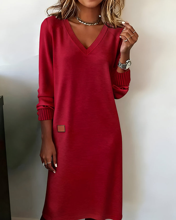 Edilke | Damen Langarm Strickkleid mit V-Ausschnitt
