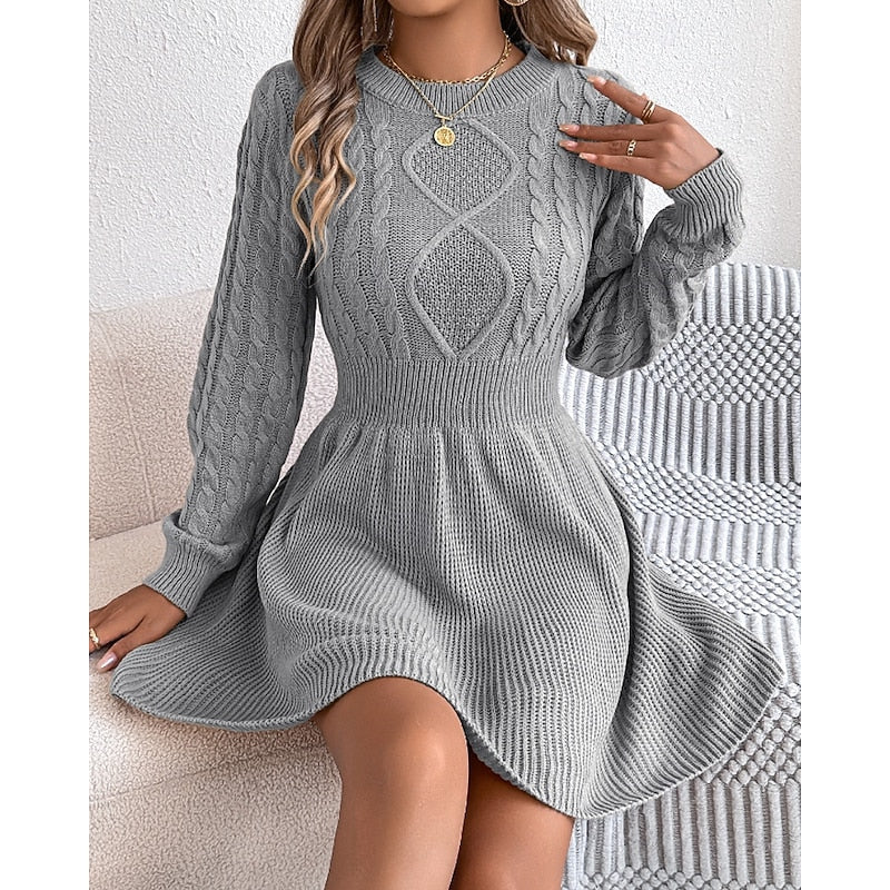 Edwara | Damen Langarm Strickkleid mit Zopfmuster - Mini