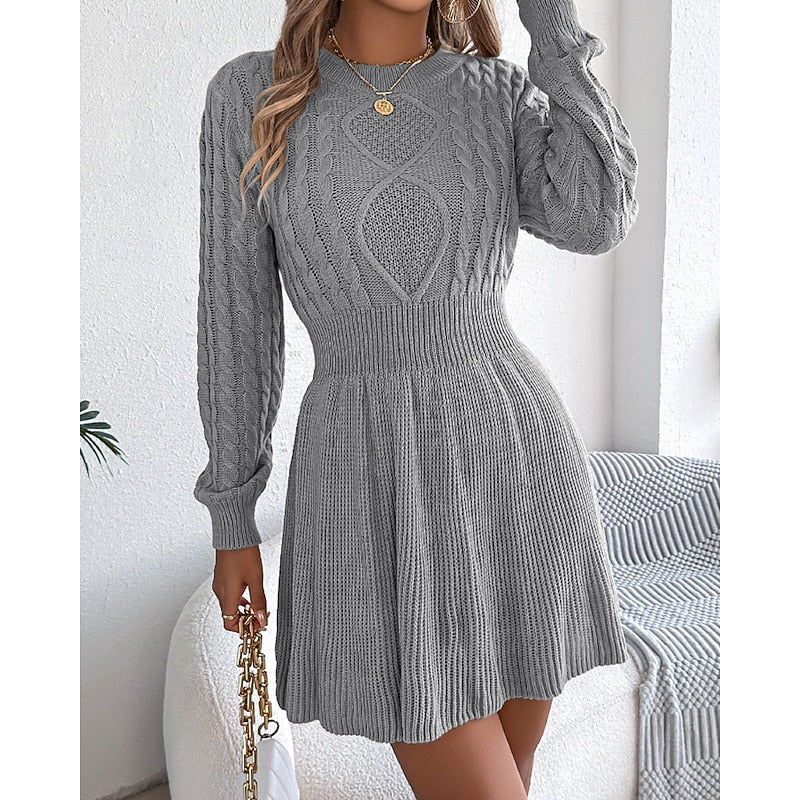 Edwara | Damen Langarm Strickkleid mit Zopfmuster - Mini