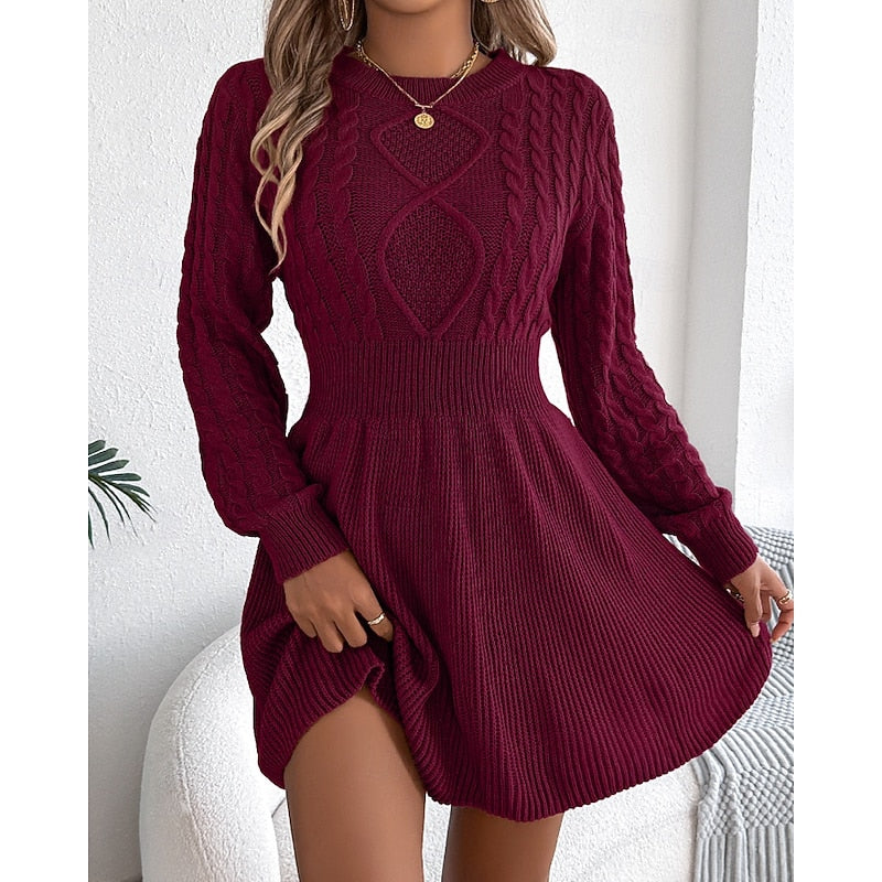 Edwara | Damen Langarm Strickkleid mit Zopfmuster - Mini
