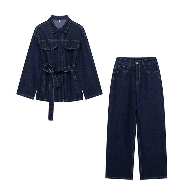 Set aus Denim-Jacke und lockerer Hose für Damen