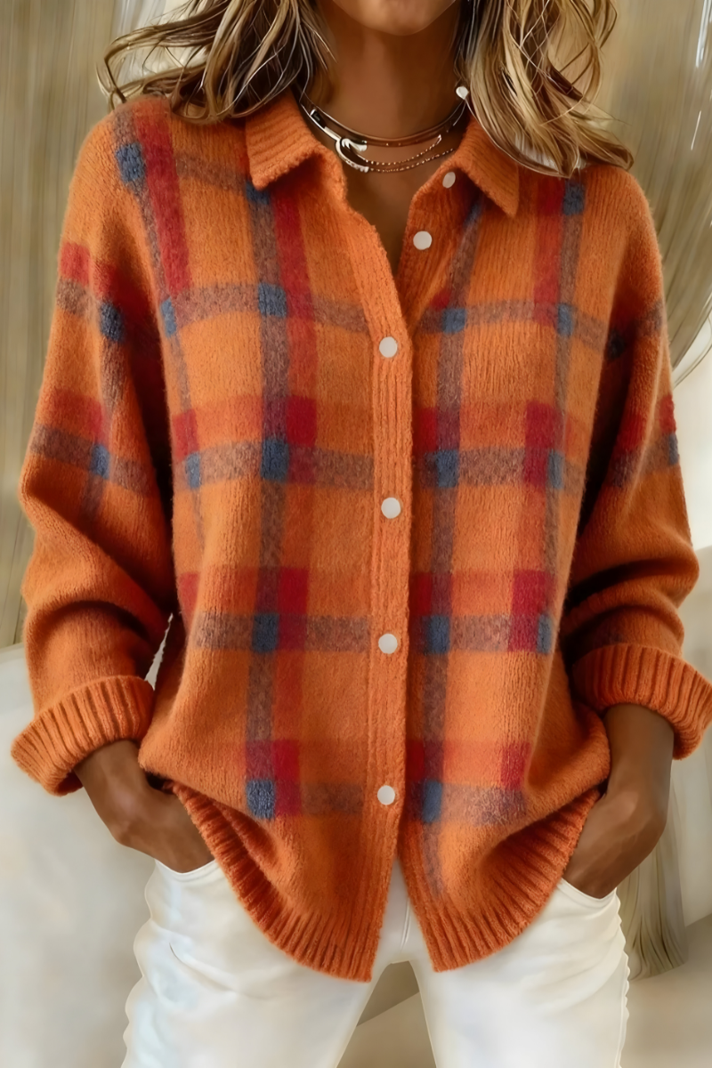 Gerdrun | Damen Karierte Strickjacke mit Knopfverschluss