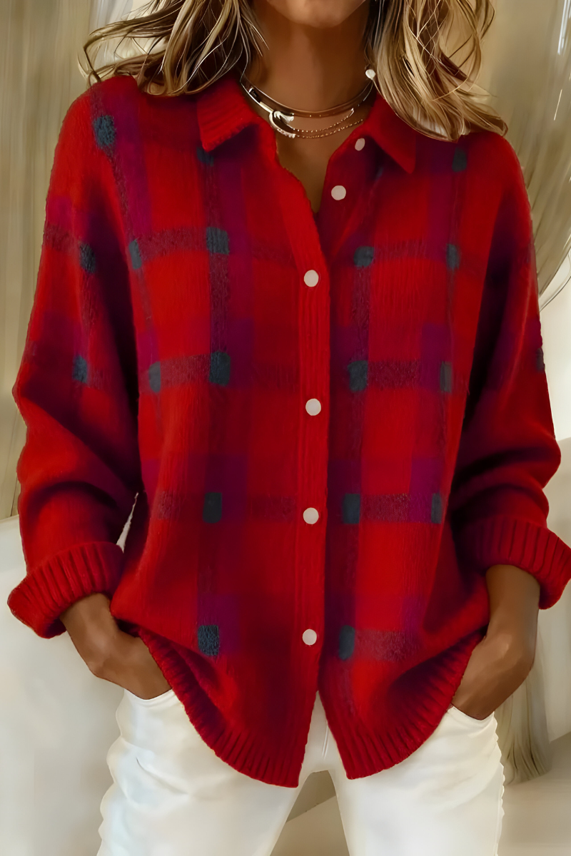 Gerdrun | Damen Karierte Strickjacke mit Knopfverschluss