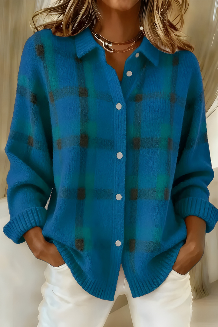 Gerdrun | Damen Karierte Strickjacke mit Knopfverschluss