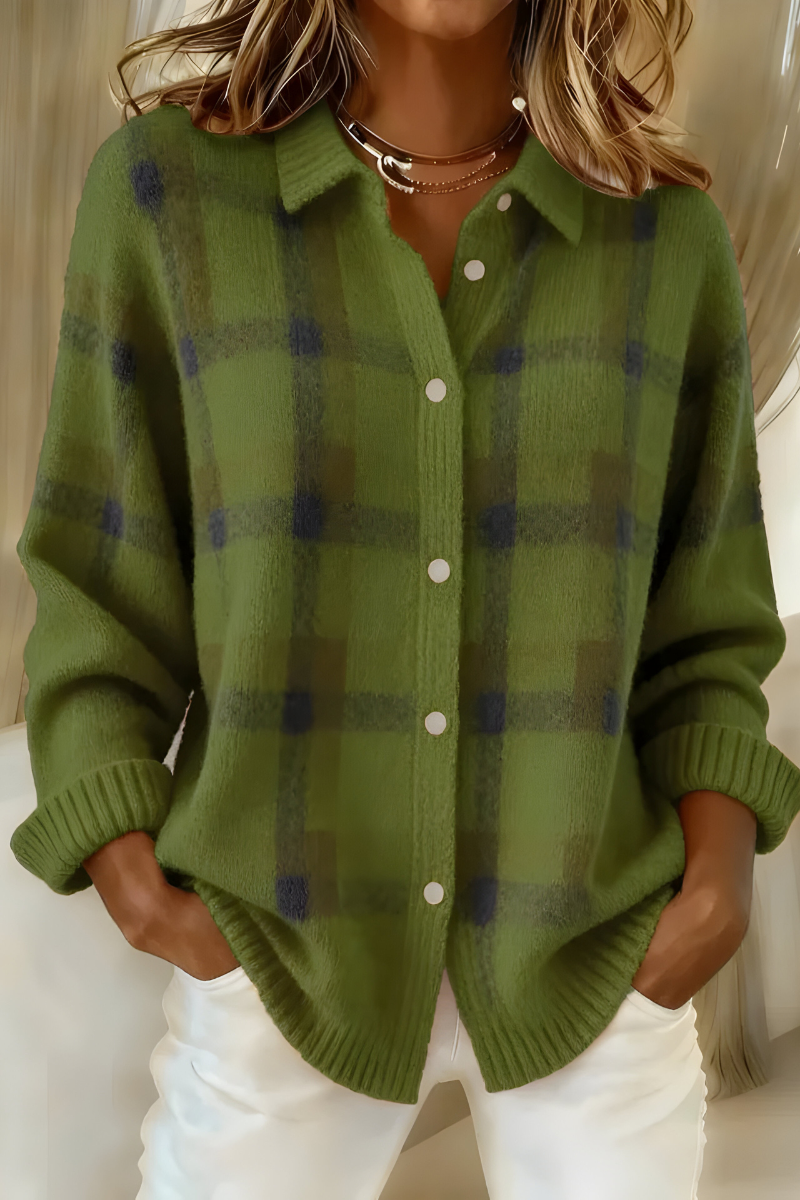 Gerdrun | Damen Karierte Strickjacke mit Knopfverschluss