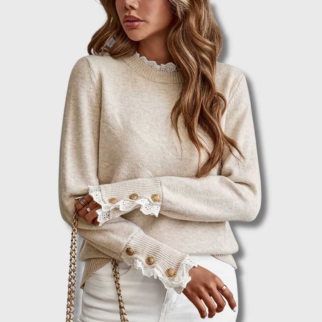 Gwenda | Damen Pullover mit Spitzen-Rundhalsausschnitt
