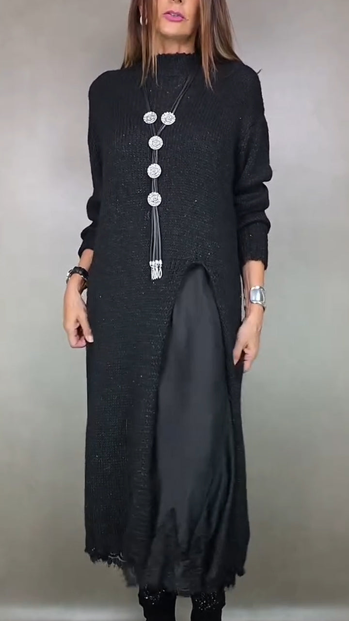 Ivana | Damen Langstrickkleid mit integriertem Unterkleid