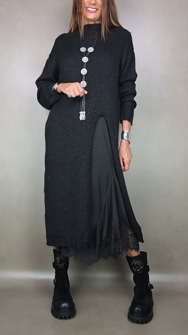 Ivana | Damen Langstrickkleid mit integriertem Unterkleid