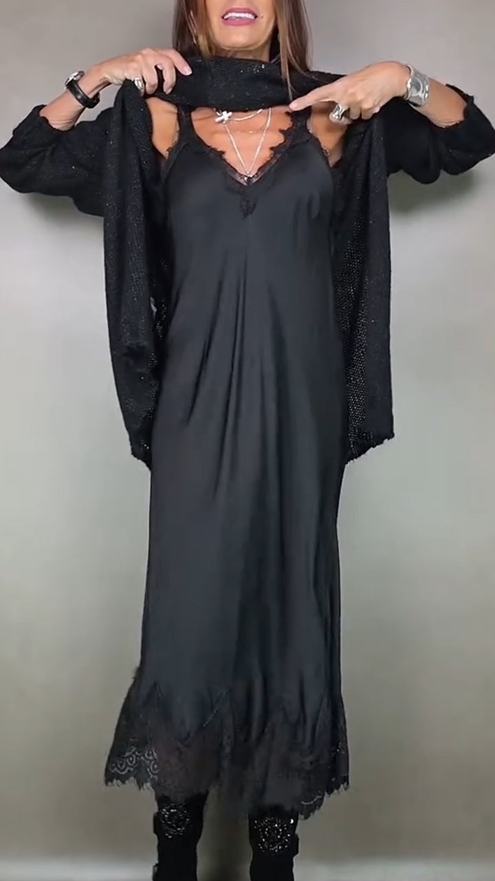 Ivana | Damen Langstrickkleid mit integriertem Unterkleid