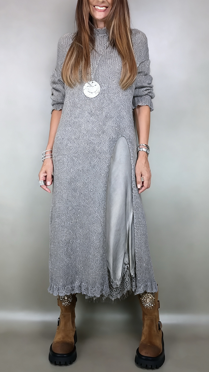 Ivana | Damen Langstrickkleid mit integriertem Unterkleid