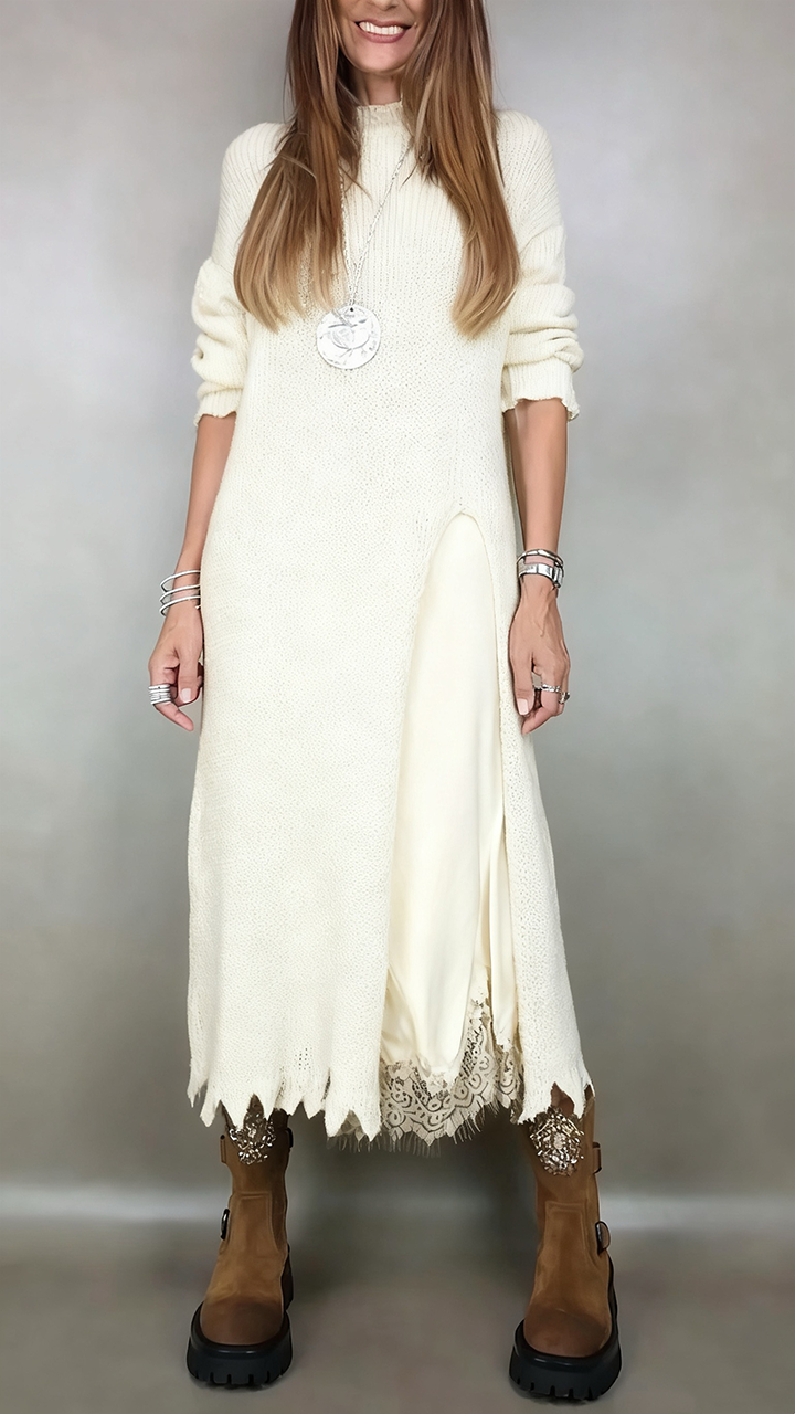Ivana | Damen Langstrickkleid mit integriertem Unterkleid