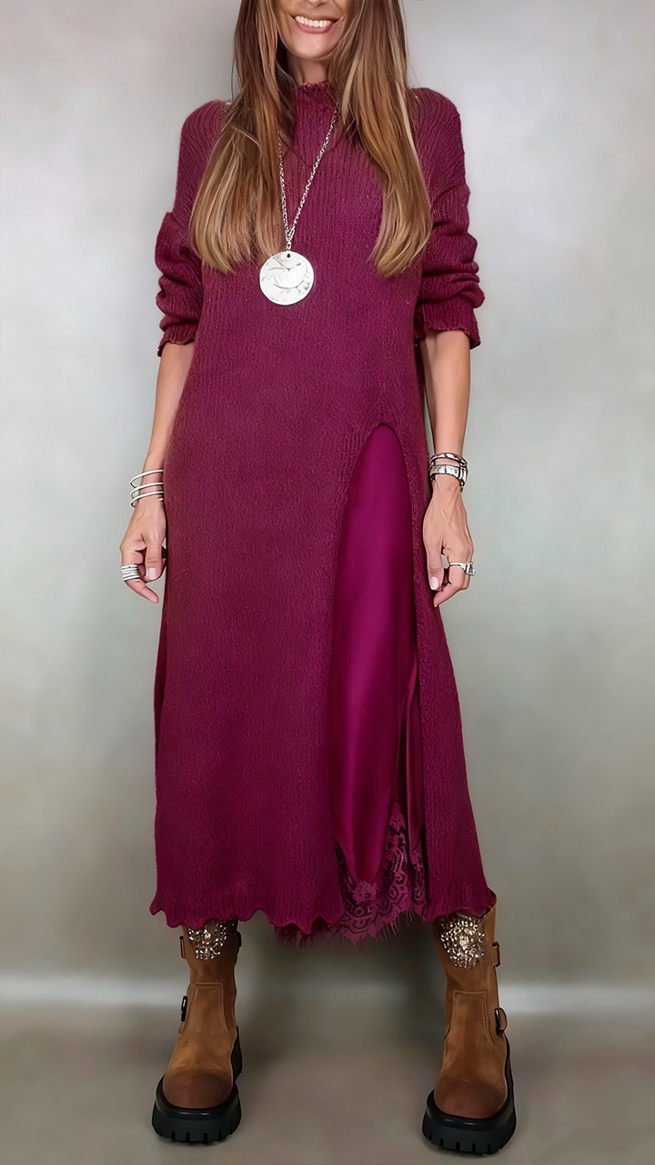 Ivana | Damen Langstrickkleid mit integriertem Unterkleid