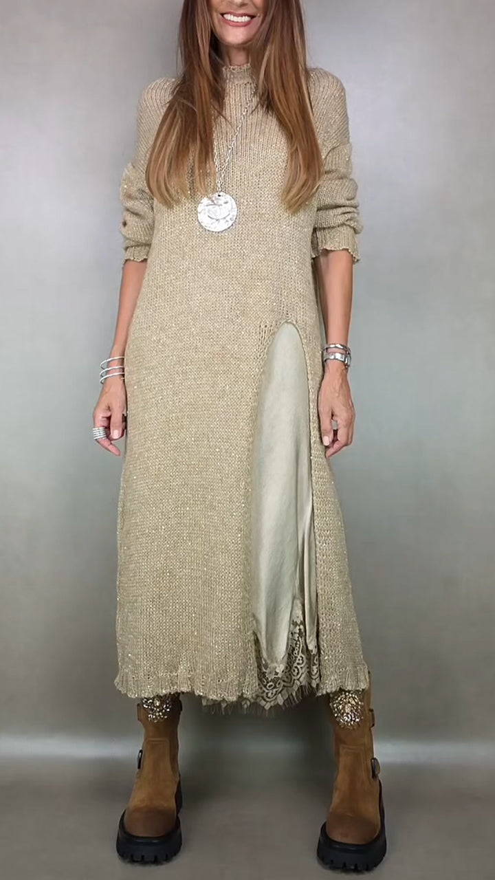 Ivana | Damen Langstrickkleid mit integriertem Unterkleid