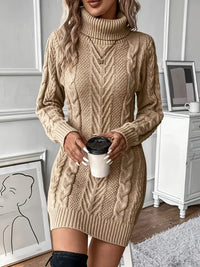 Leena | Damen Rollkragen-Strickkleid mit Zopfmuster