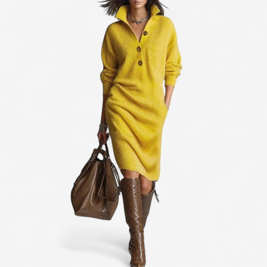 Lena | Damen Midi Strickkleid mit Kragen