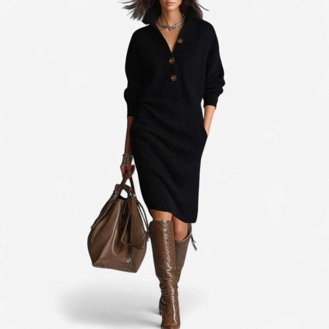 Lena | Damen Midi Strickkleid mit Kragen
