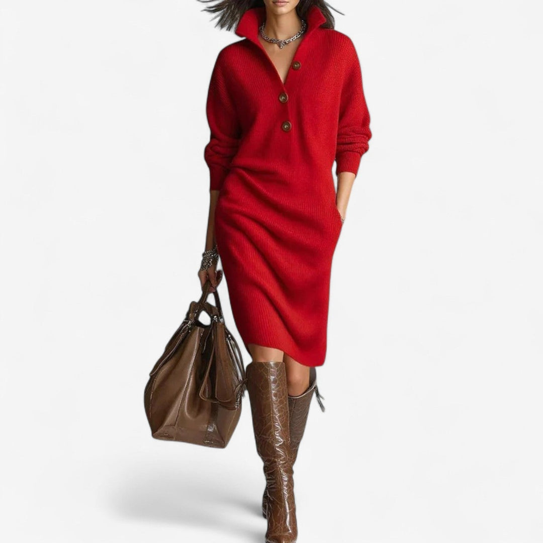 Lena | Damen Midi Strickkleid mit Kragen