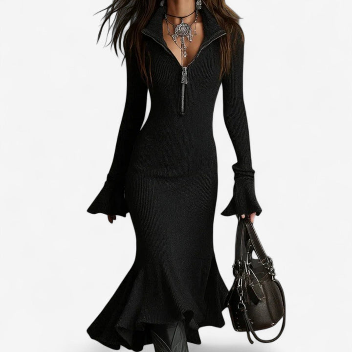 Marlena | Damen Midi-Strickkleid mit Reißverschlusskragen