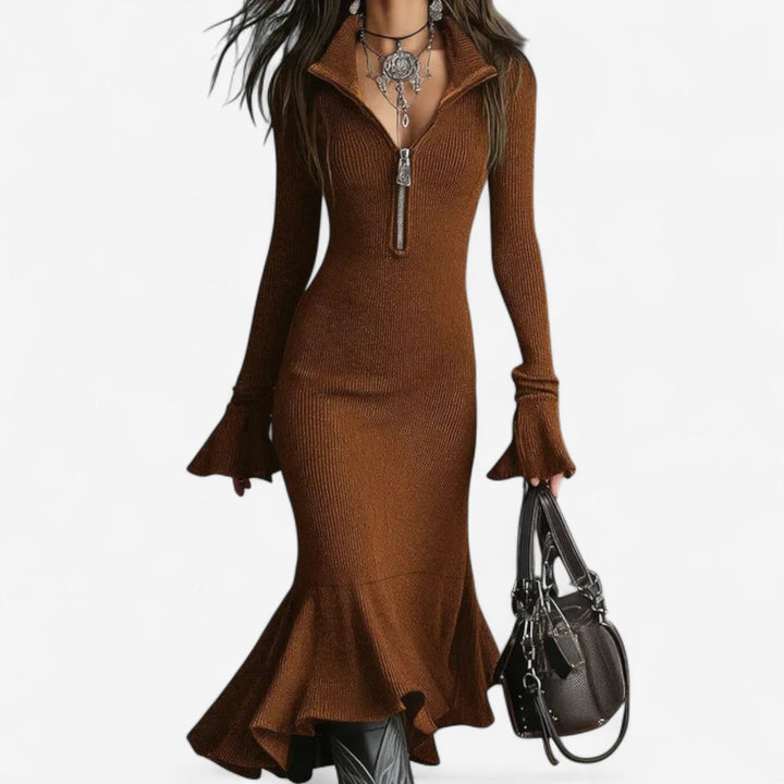 Marlena | Damen Midi-Strickkleid mit Reißverschlusskragen