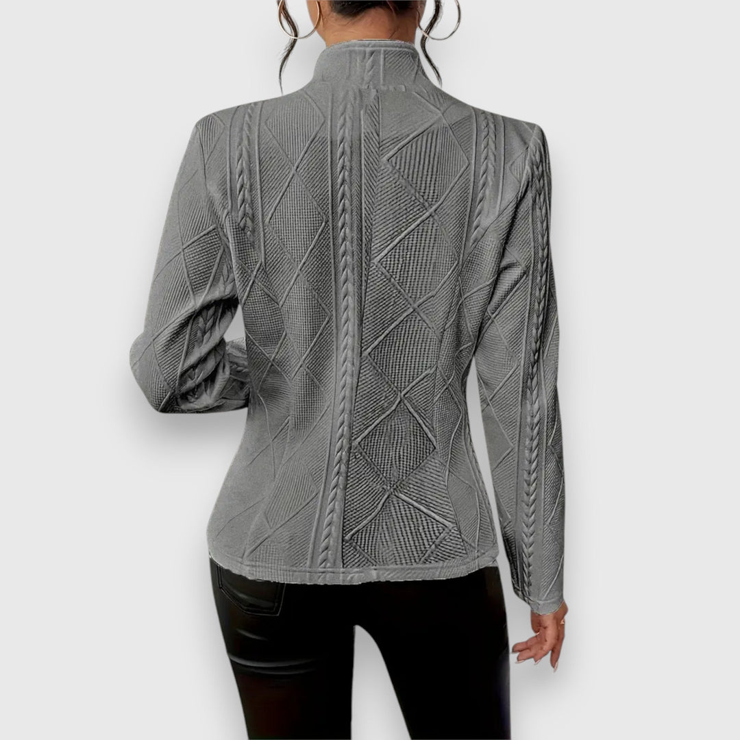 Reina | Damen Langarm Troyer Pullover mit Zopfmuster, Figurbetont