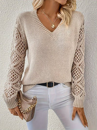 Sorcha | Damen V-Ausschnitt Strickpullover mit Häkelärmeln