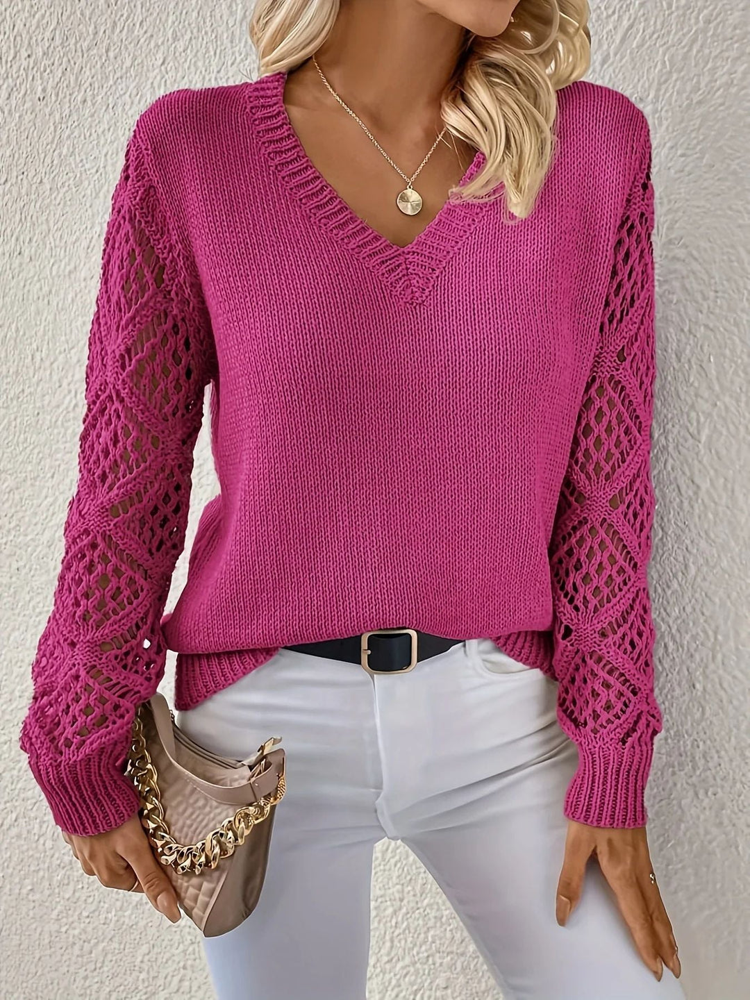 Sorcha | Damen V-Ausschnitt Strickpullover mit Häkelärmeln
