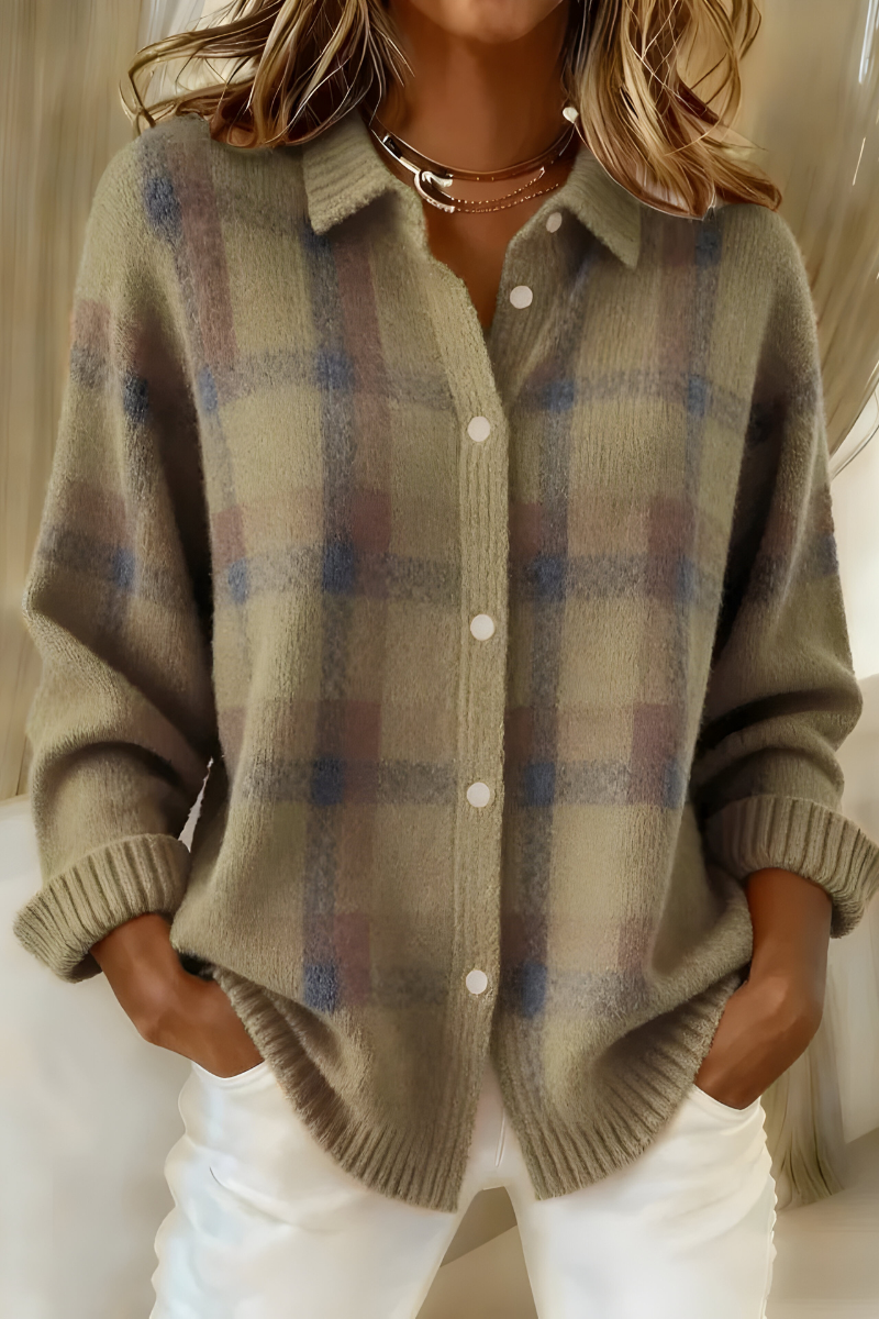 Thordena | Damen Karo Strickjacke mit Knopfverschluss