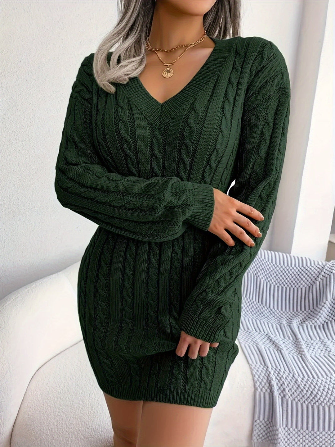 Veldra | Damen Peplum Strickkleid mit Zopfmuster