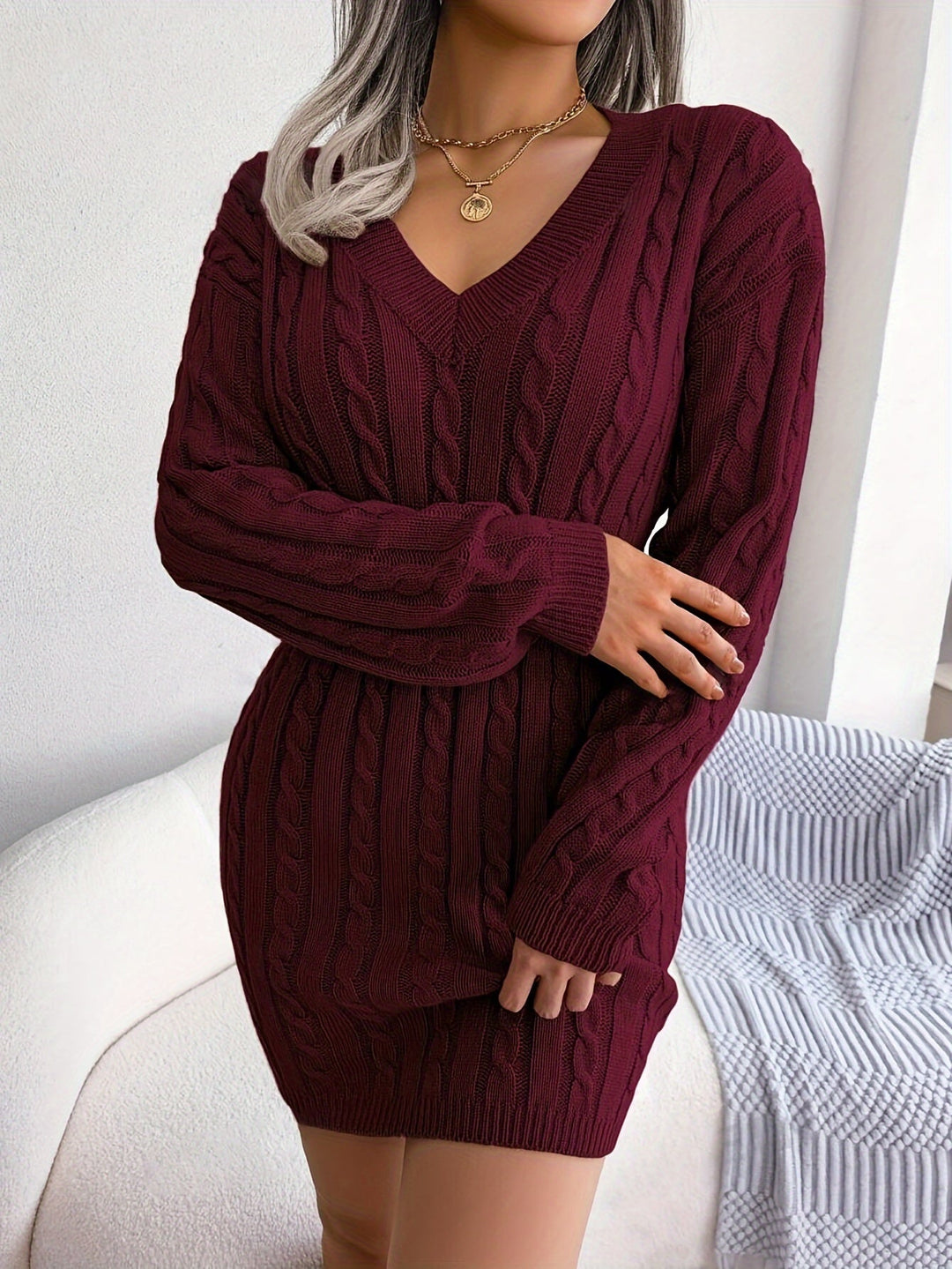 Veldra | Damen Peplum Strickkleid mit Zopfmuster